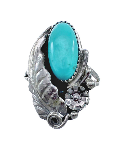 Flower Scalloped Leaf Turquoise Genuine Sterling Silver Navajo Ring Size 8 AX127700